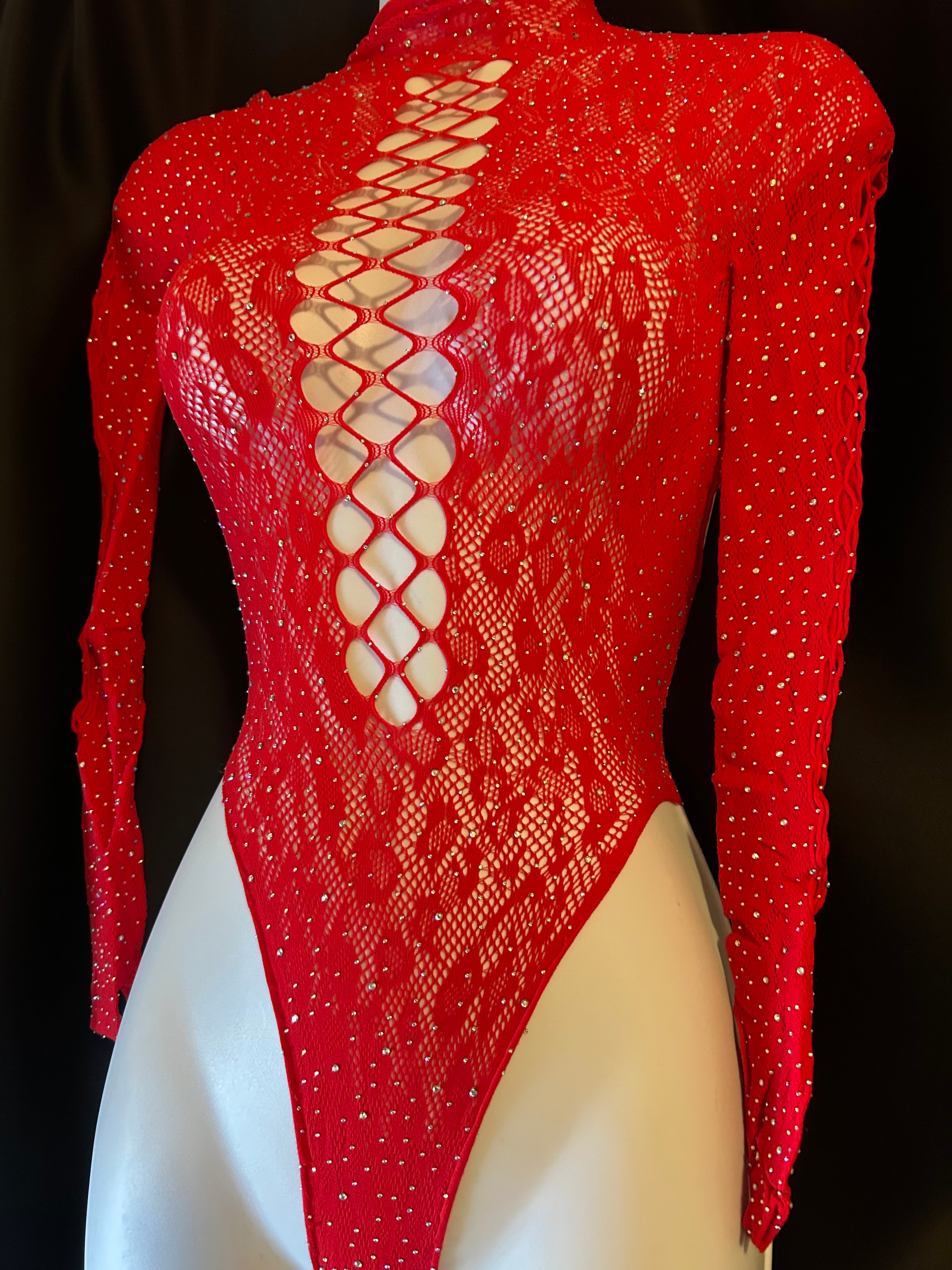 ✨ Long Sleeve Fishnet Rhinestone Bodysuit