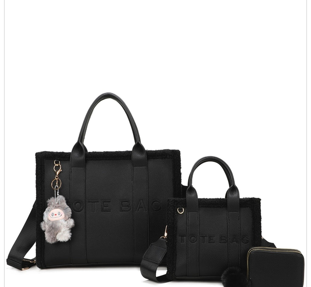 Luxury Plush Tote Bag Set with Matching Crossbody & Wallet – Pink