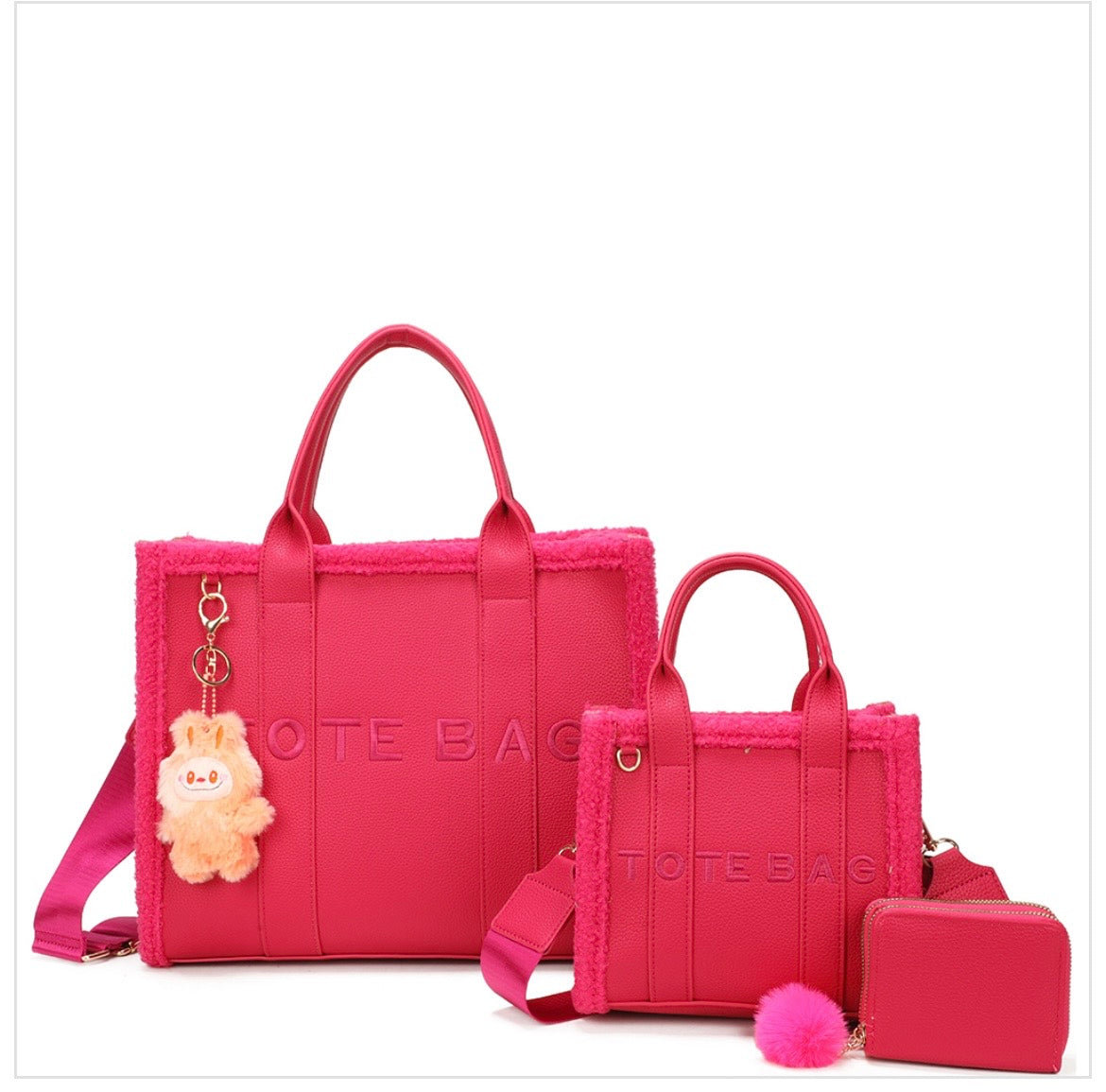 Luxury Plush Tote Bag Set with Matching Crossbody & Wallet – Pink