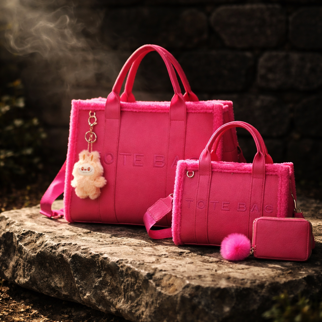 Luxury Plush Tote Bag Set with Matching Crossbody & Wallet – Pink