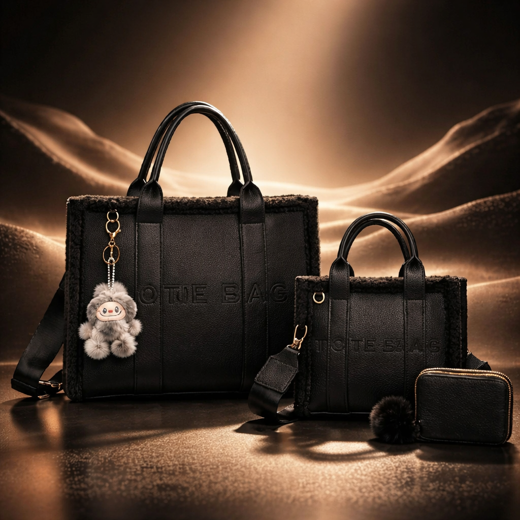 Luxury Plush Tote Bag Set with Matching Crossbody & Wallet – Pink
