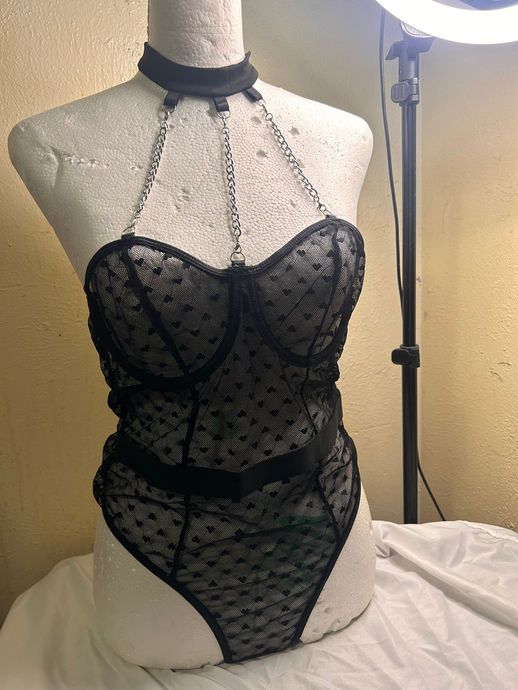 Midnight Allure Sheer Plka Halter Teddy Bodysuit