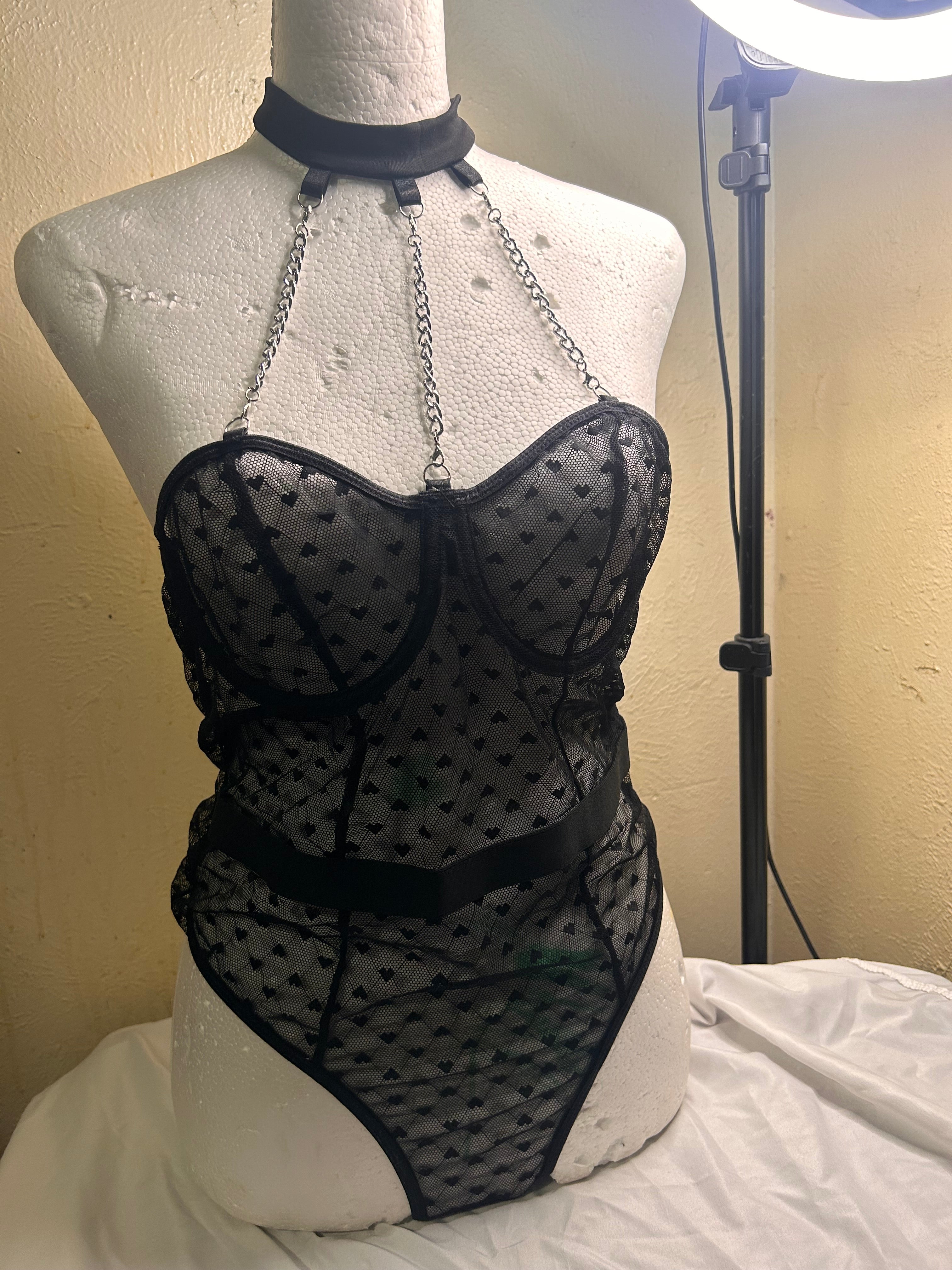 Midnight Allure Sheer Plka Halter Teddy Bodysuit