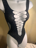 Midnight Spark Rhinestone Fishnet Bodysuit