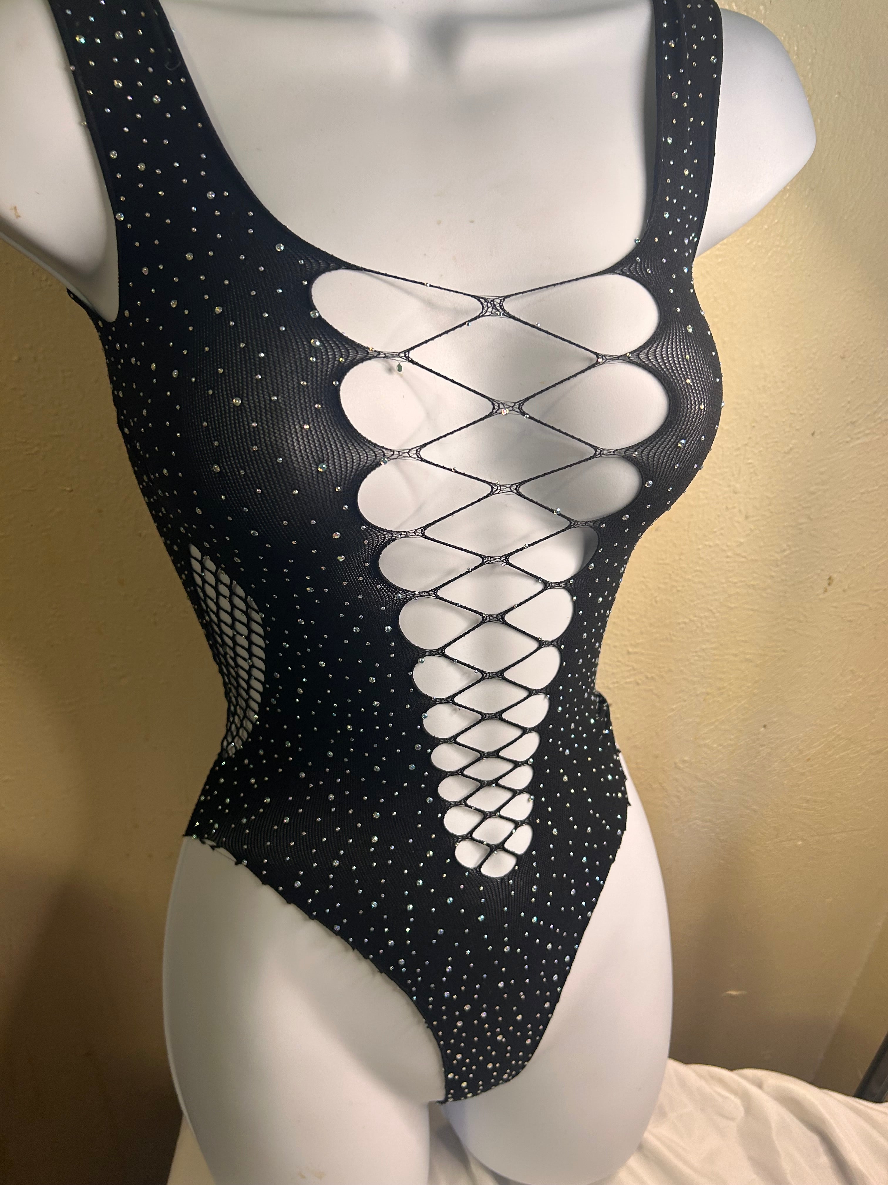 Midnight Spark Rhinestone Fishnet Bodysuit
