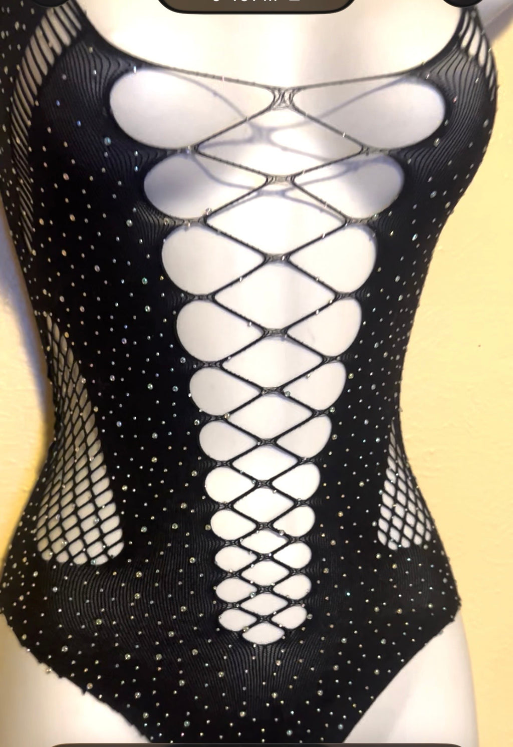 Midnight Spark Rhinestone Fishnet Bodysuit