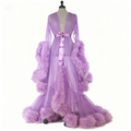 Lavender Sheer Feather Trim Luxury Robe – Long Mesh Bridal & Boudoir Robe