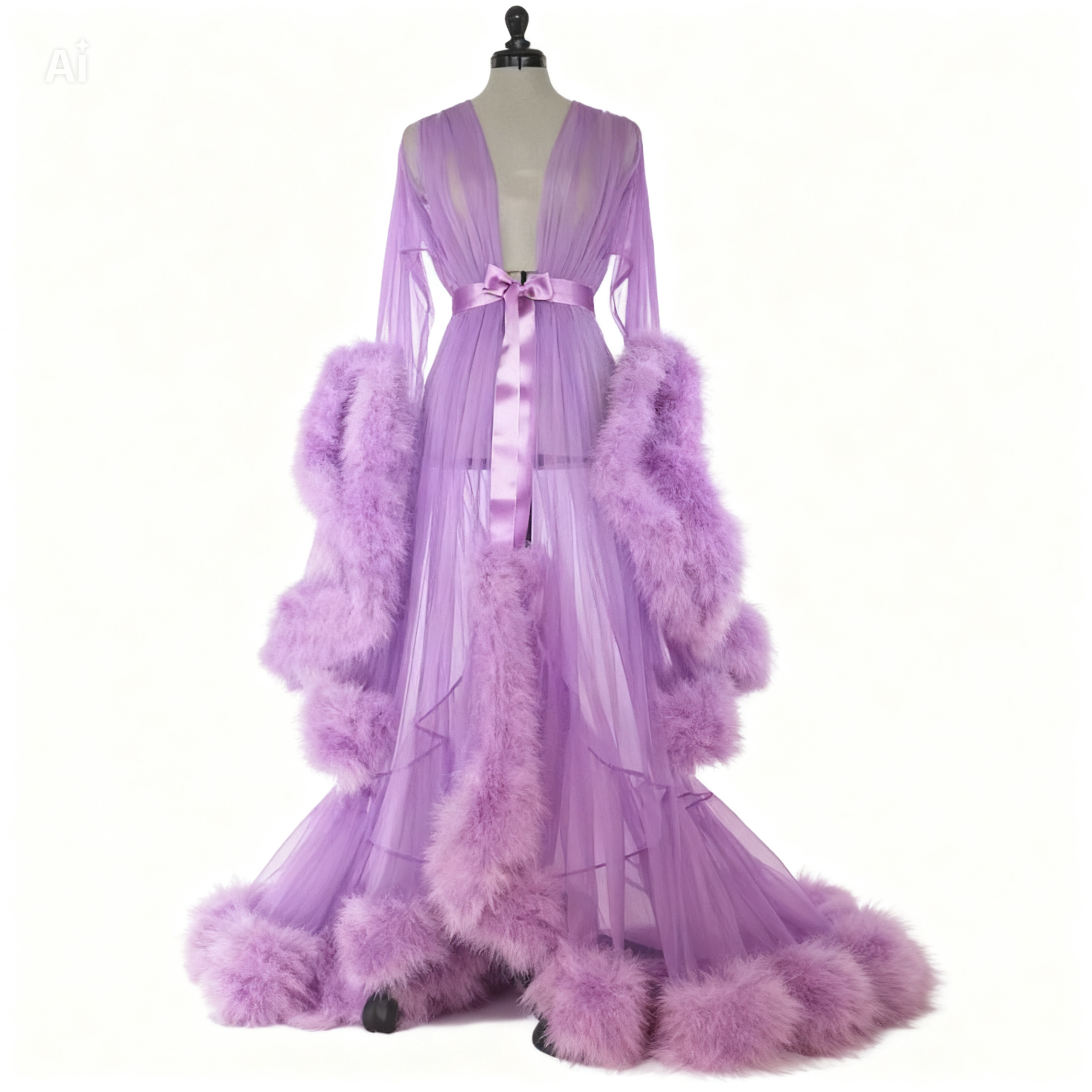 Lavender Sheer Feather Trim Luxury Robe – Long Mesh Bridal & Boudoir Robe